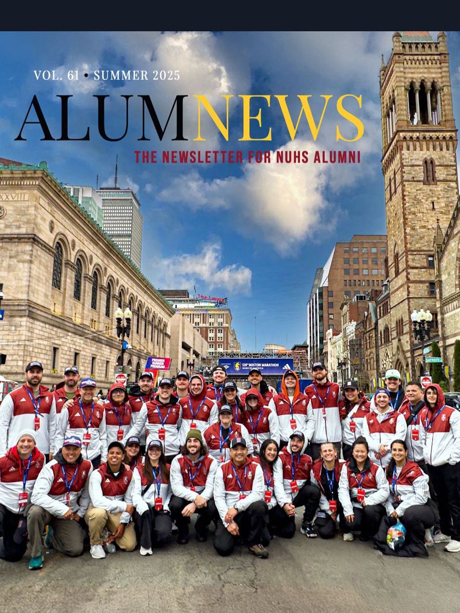 NUHS Alumni newsletter cover Summer 2025 Vol.61 featuring group photo of alumni in matching red and white jackets on a city street.