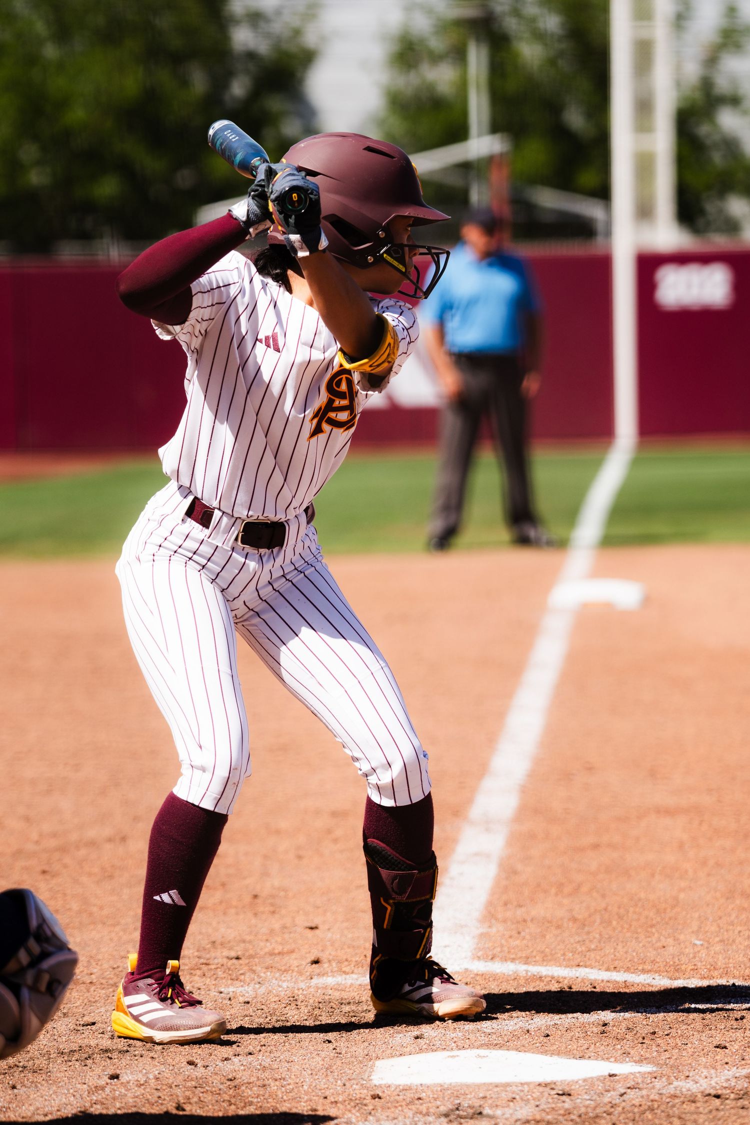 Female college softball player in maroon pinstripe uniform stands ready at the plate during a softball game.