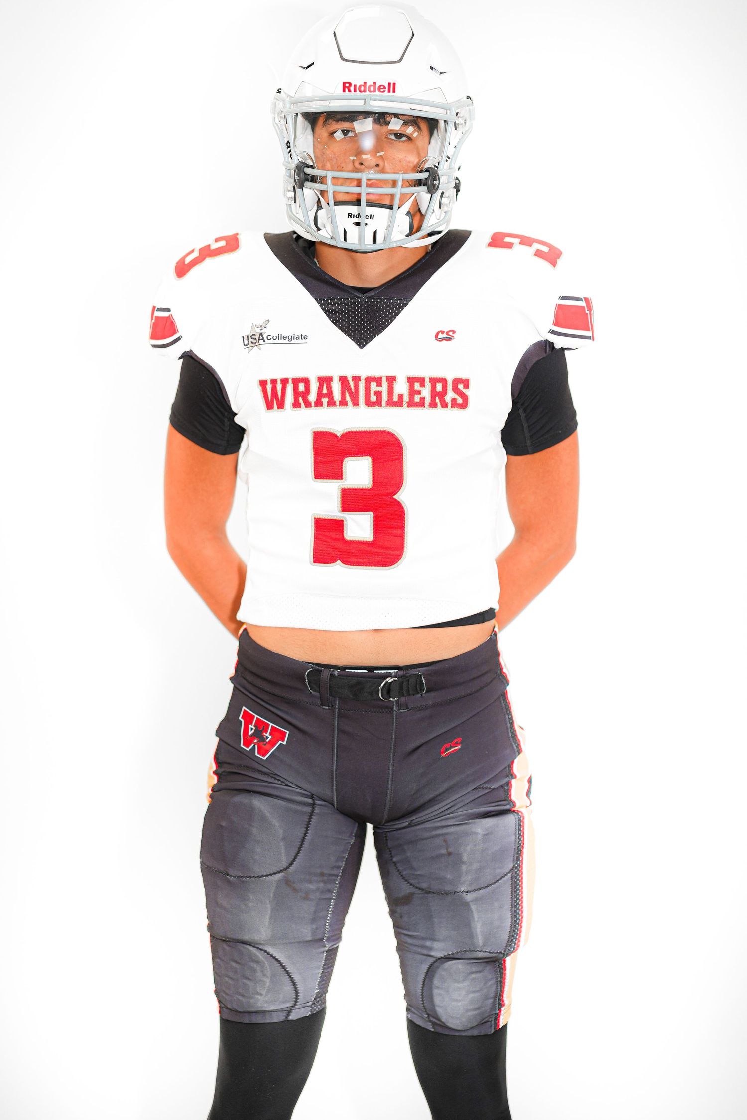 Football player wearing Wranglers #3 white jersey and Riddell helmet in official team uniform photo.