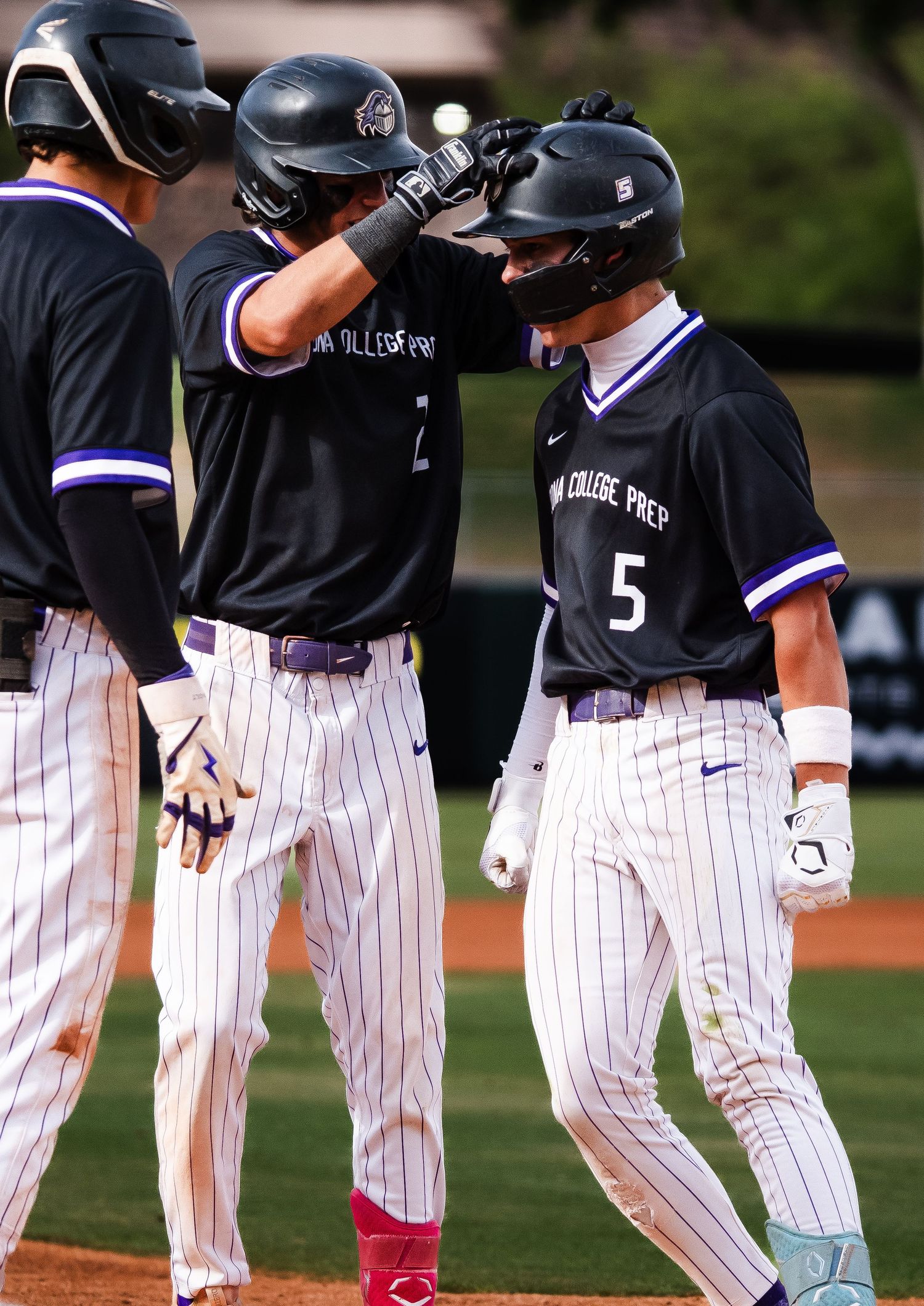 Baseball player #5 in black pinstripe uniform gets congratulated by teammate #2 after scoring a run.