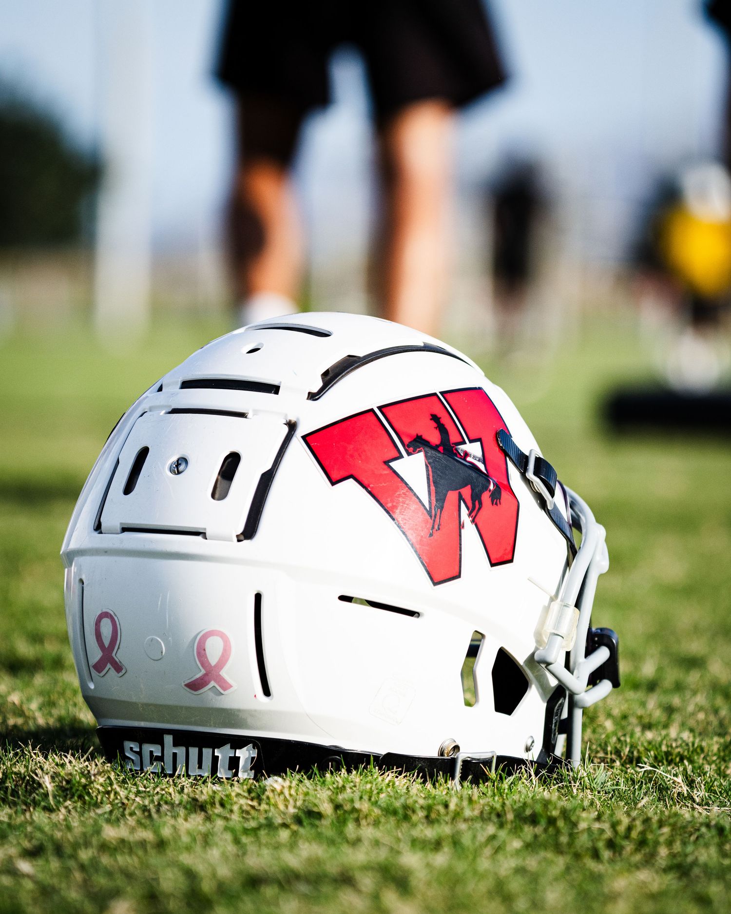 White Schutt football helmet with red W logo and pink breast cancer awareness ribbons resting on green grass field.