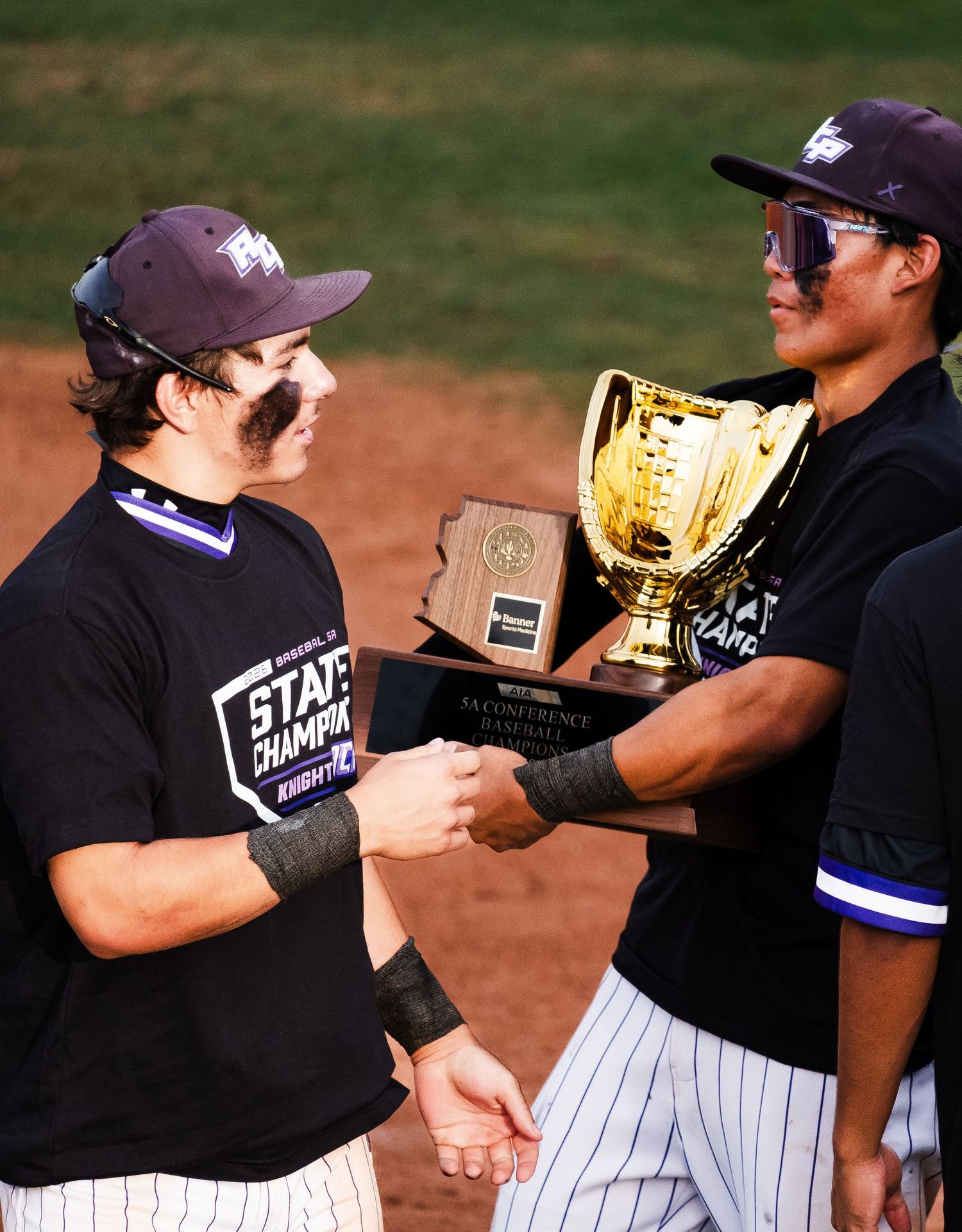 Two baseball players in black uniforms celebrate holding a golden glove trophy and state championship plaque.