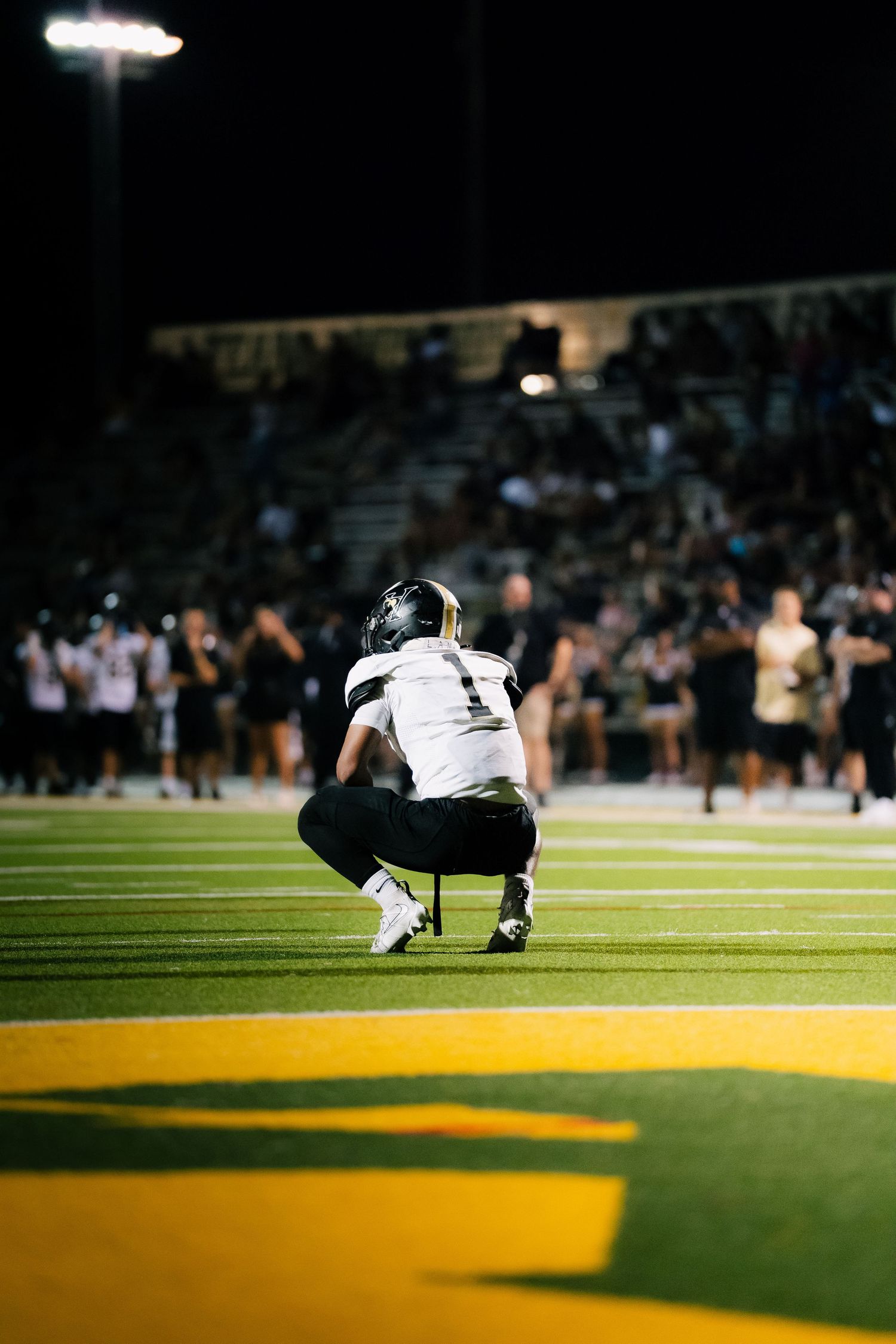 Football player in white and black uniform kneeling on turf field during night game with stadium crowd in background.