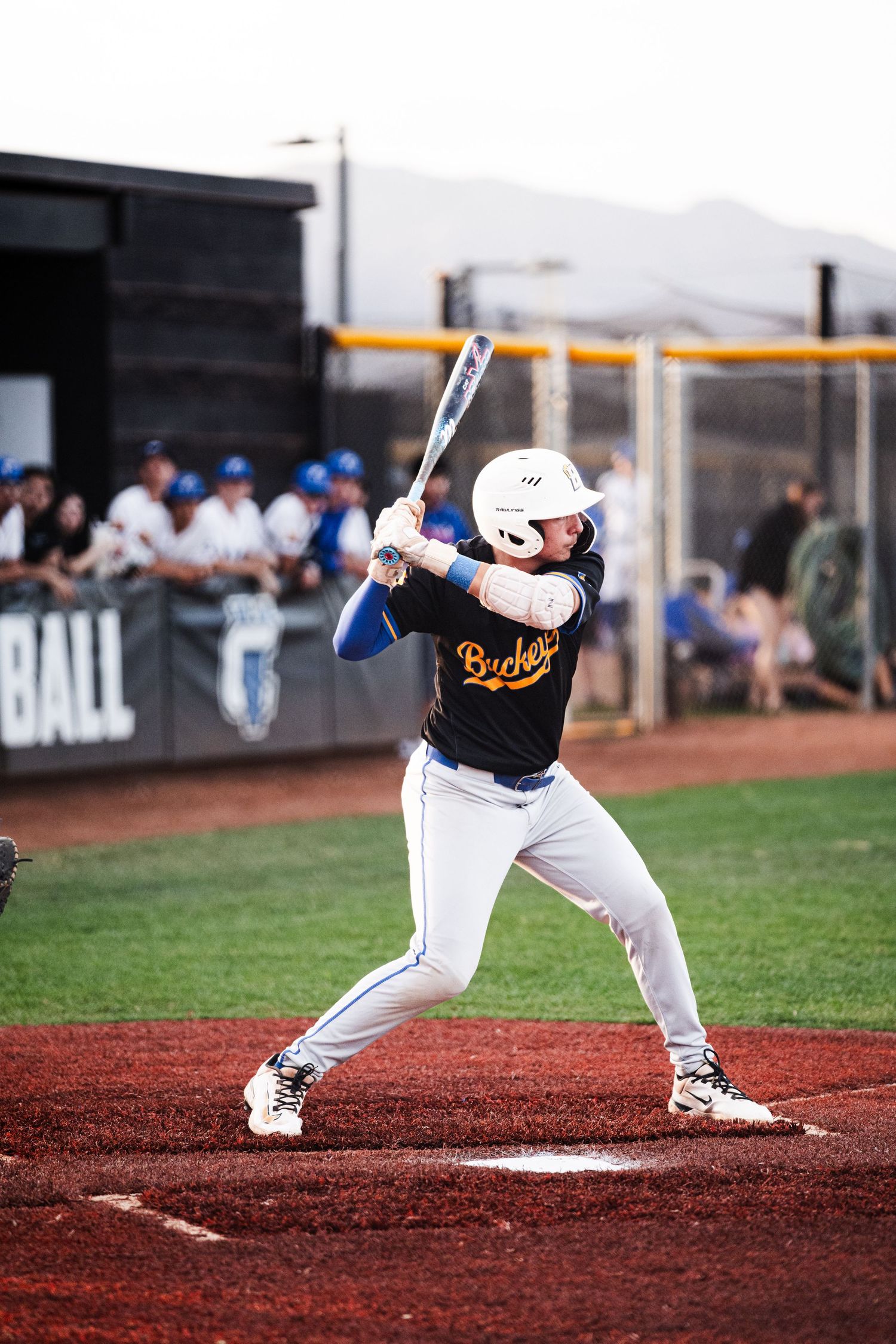 Baseball batter in white helmet and Buckeyes jersey stands ready at home plate during a competitive game.