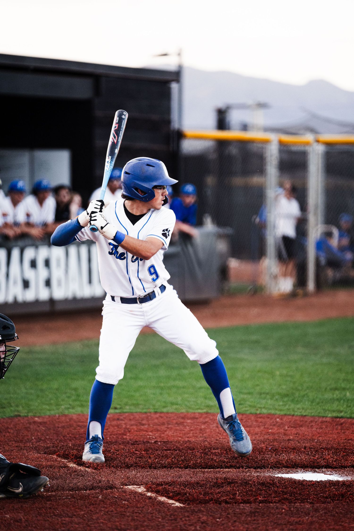 Baseball player wearing number 9 in white and blue uniform stands ready at bat during a game.