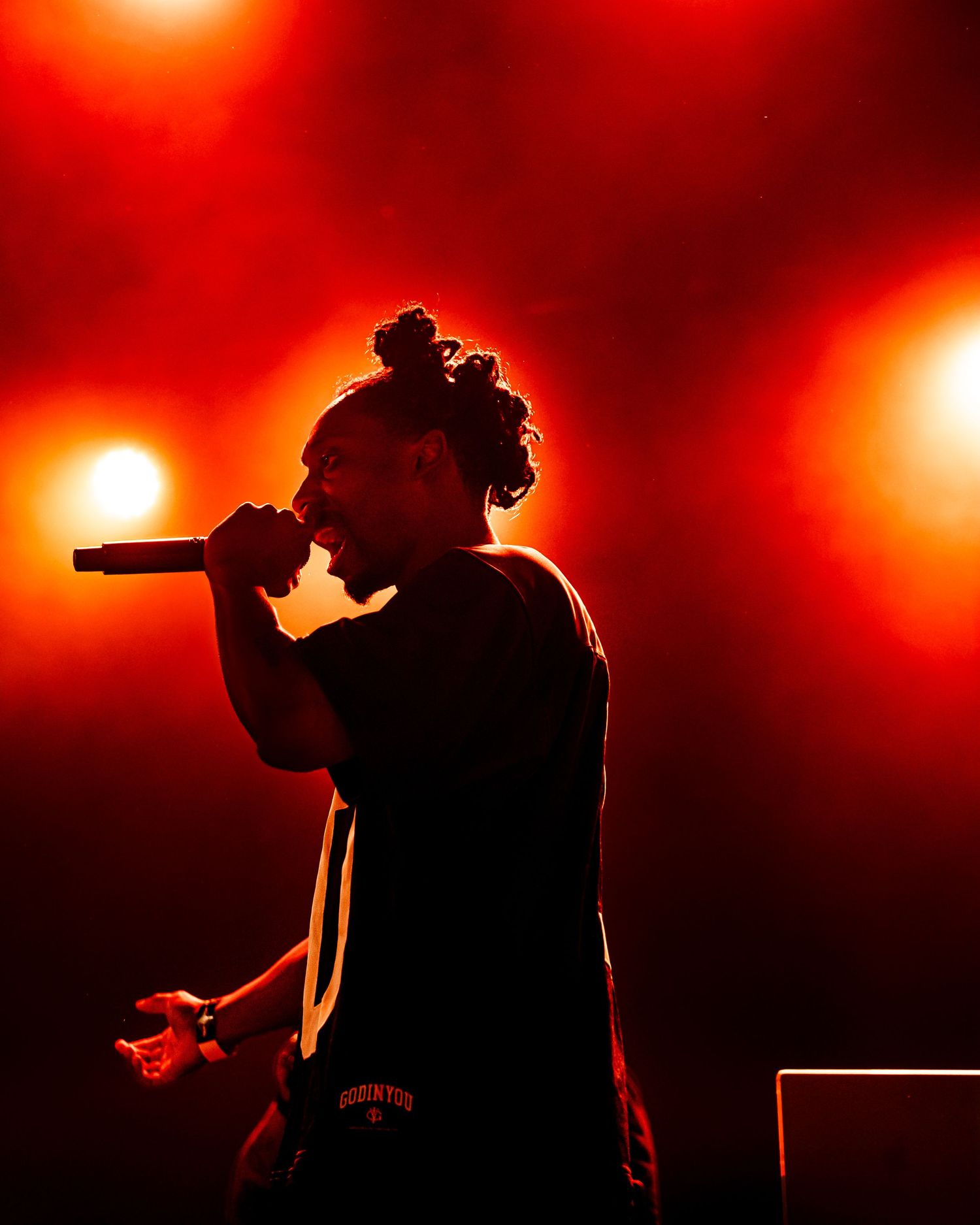 A silhouetted performer holds a microphone on stage bathed in vivid red concert lighting.