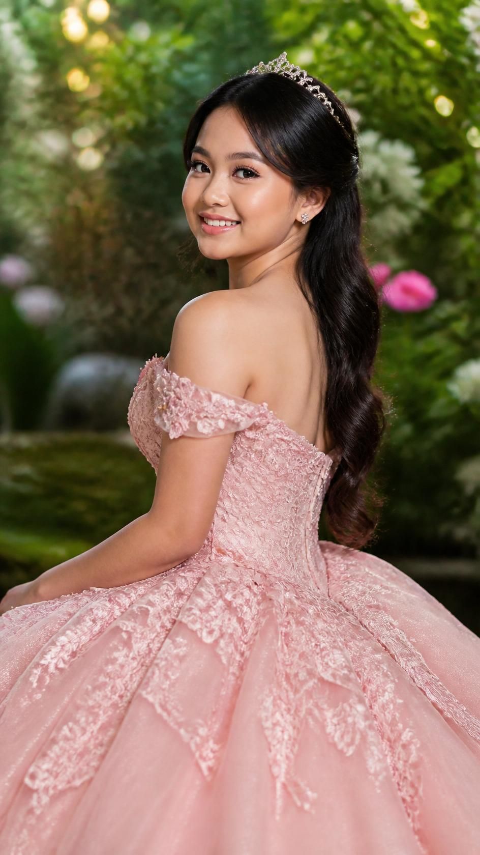 Young woman in pink off-shoulder ball gown with lace details and tiara smiling in a garden setting.