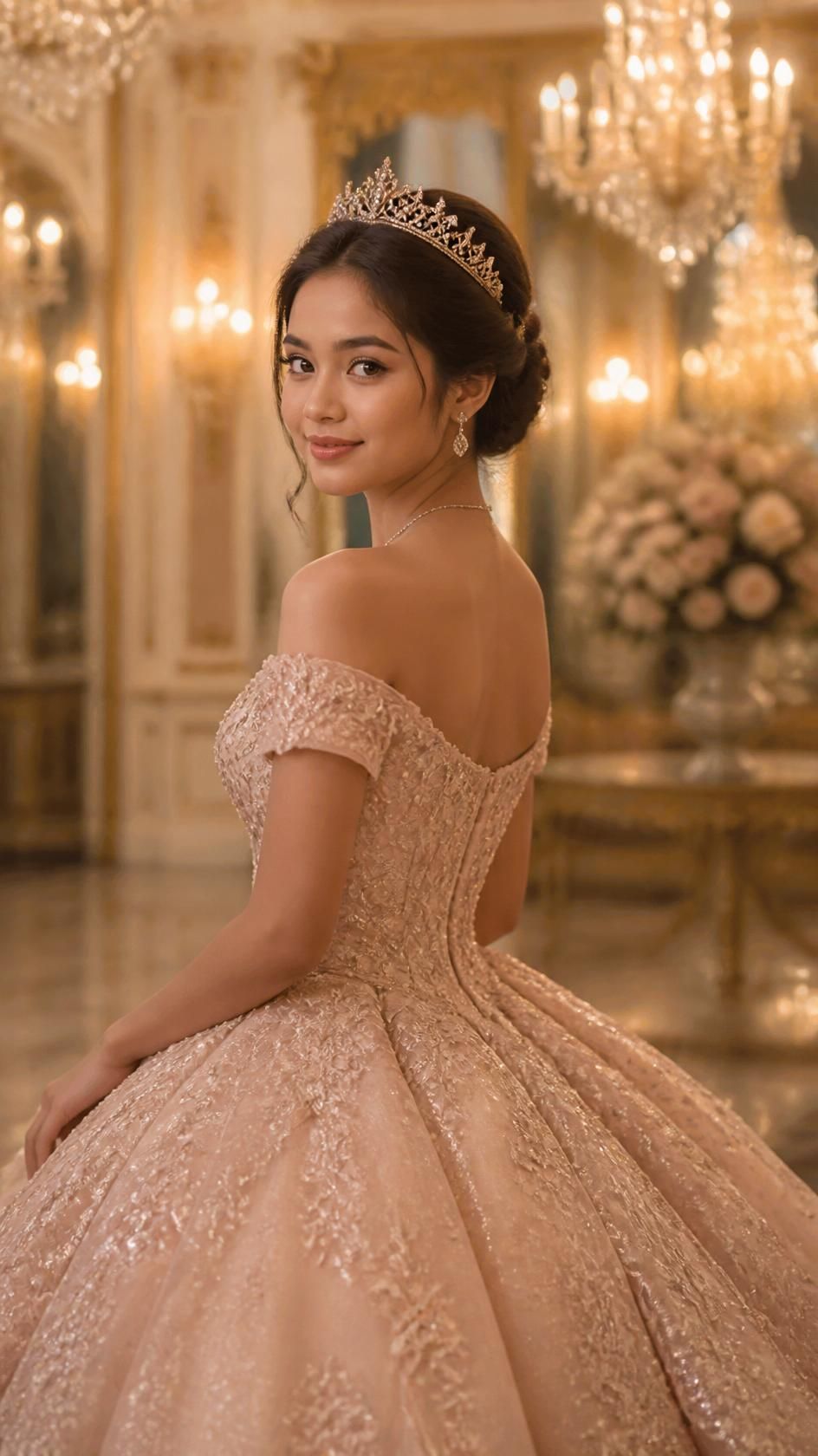 Young woman in blush pink off-shoulder ball gown with tiara poses in ornate chandelier ballroom.