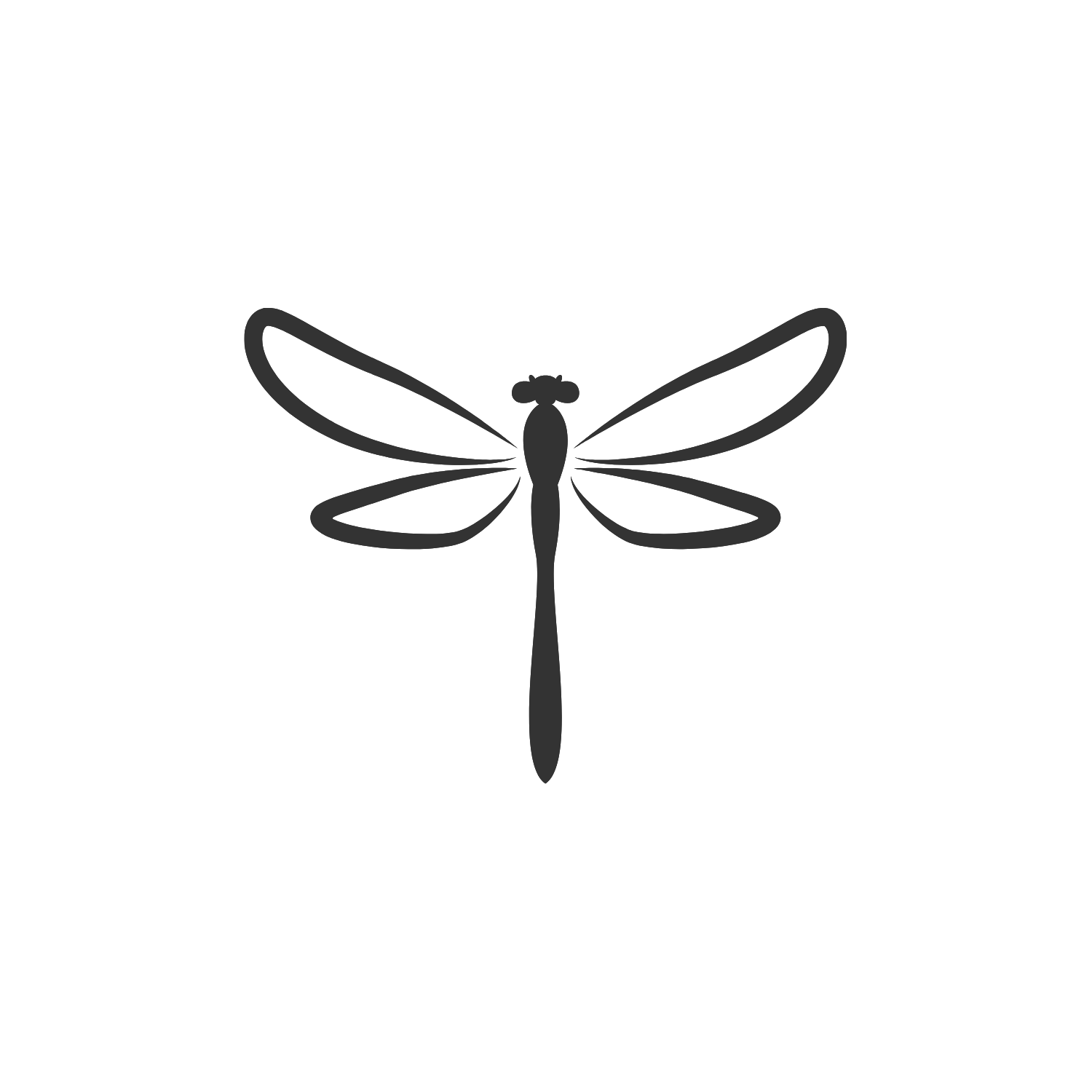 Simple black dragonfly silhouette logo with graceful wing details on white.