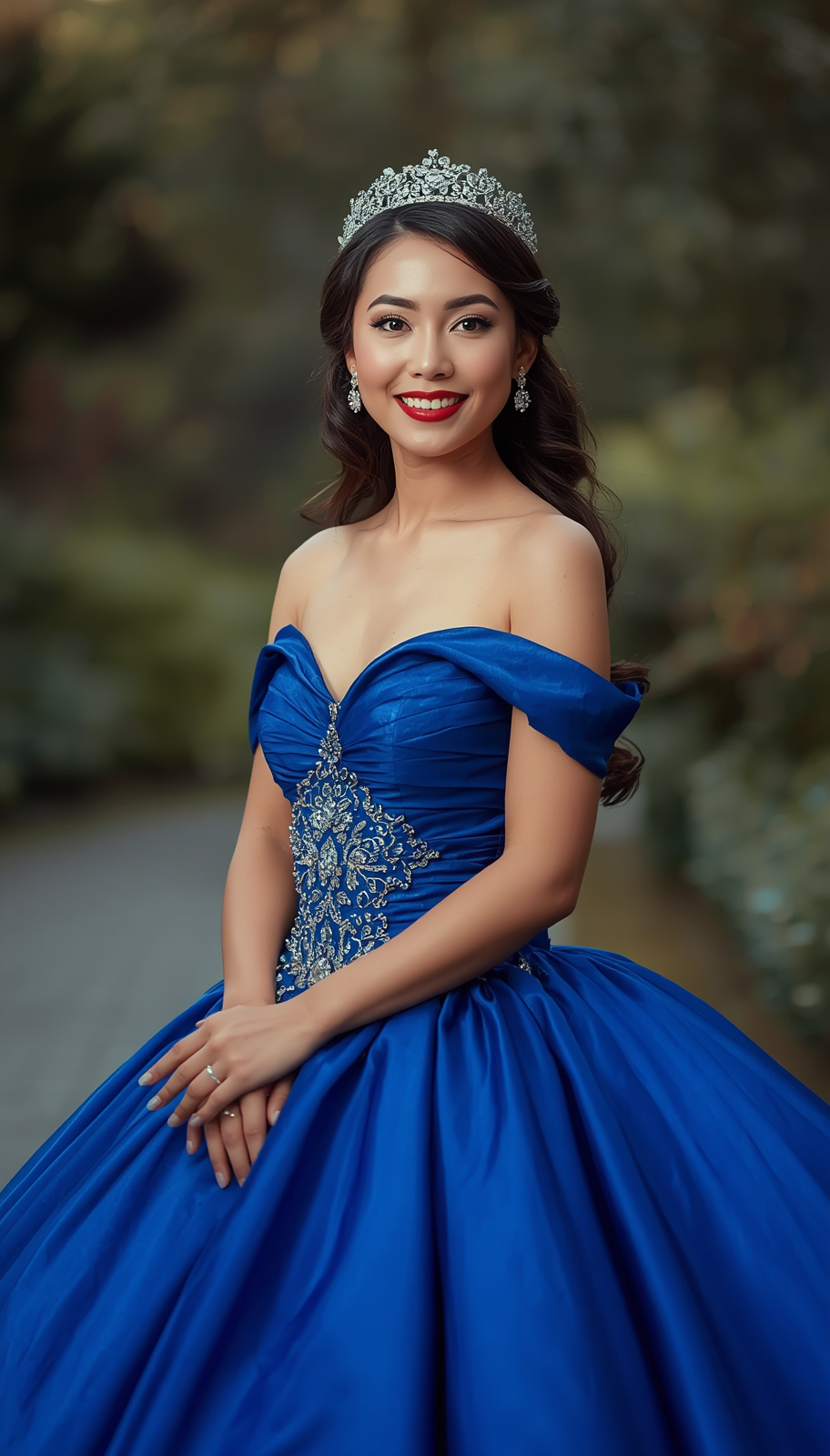 Young woman in royal blue quinceañera ball gown with silver tiara and embroidered bodice smiling outdoors.
