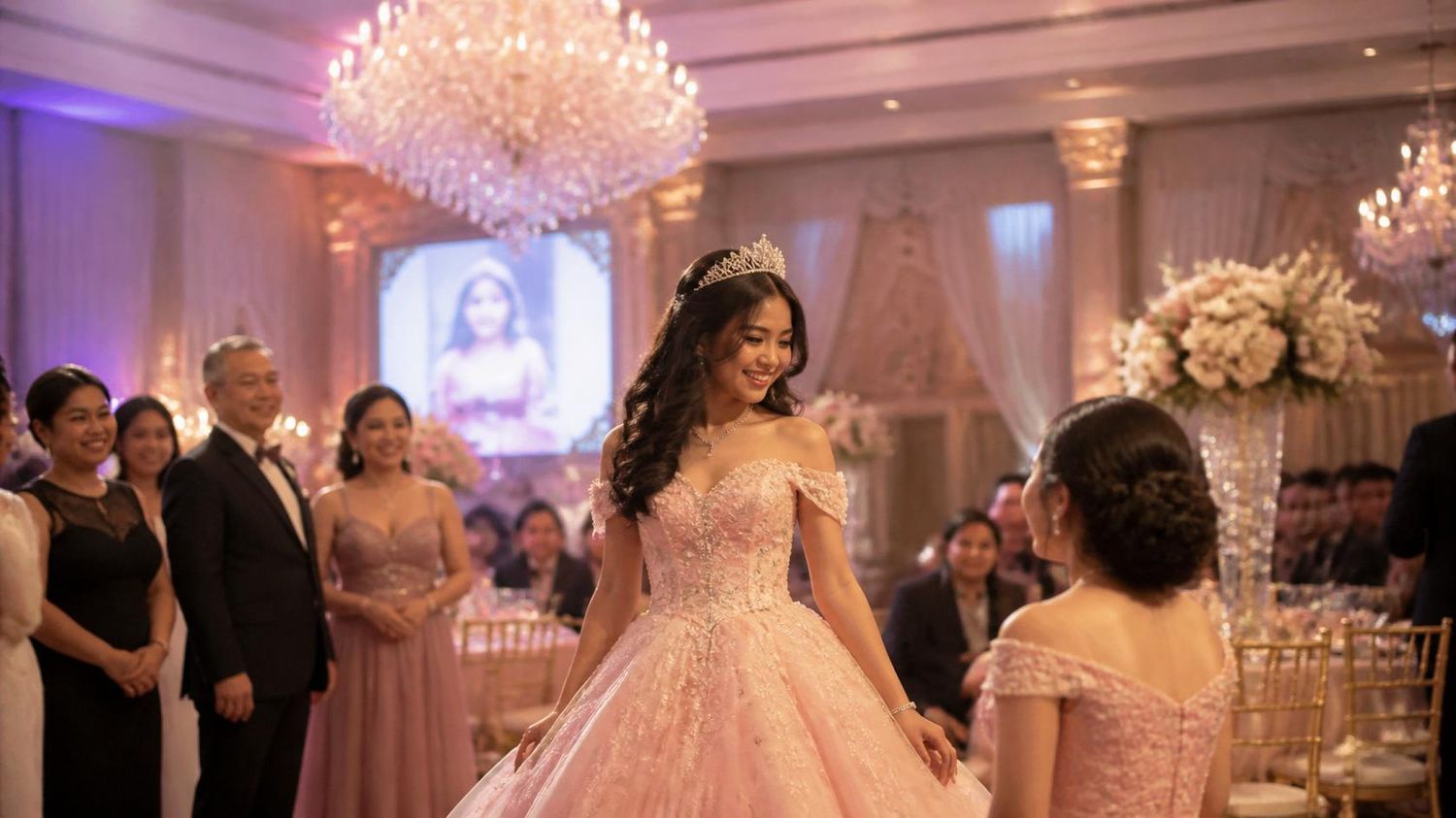 Young woman in pink ball gown and tiara celebrates quinceañera in elegant ballroom with chandelier and guests.