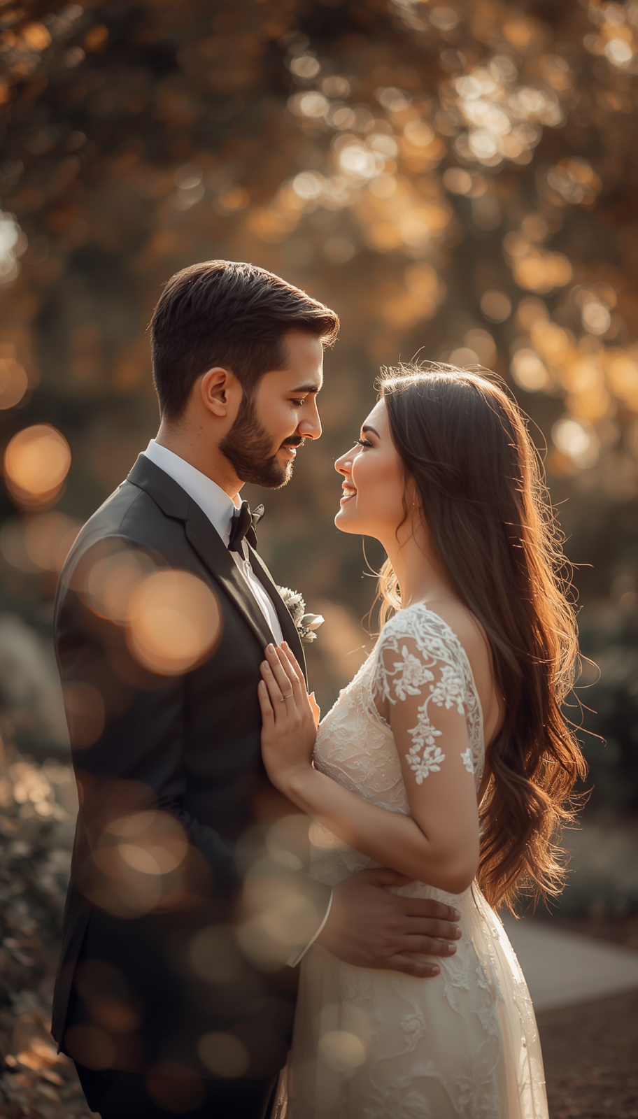 A bride and groom share a romantic moment outdoors, bathed in warm golden bokeh light during their wedding day.