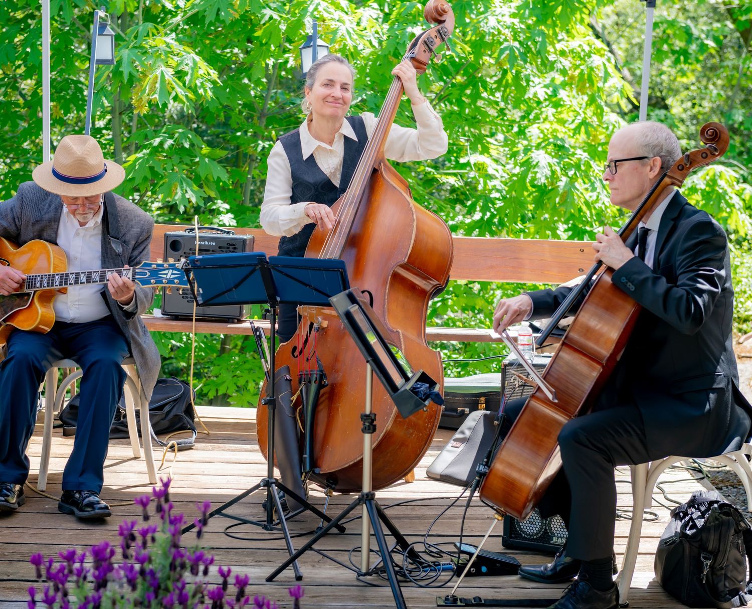 Jazz trio performing outdoors on a wooden stage surrounded by lush green trees.