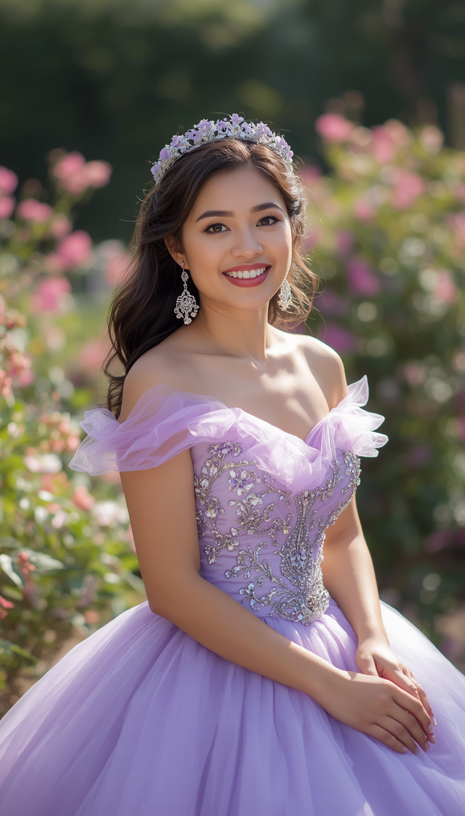 Young woman in lavender quinceañera ball gown with tiara smiles in a blooming garden.