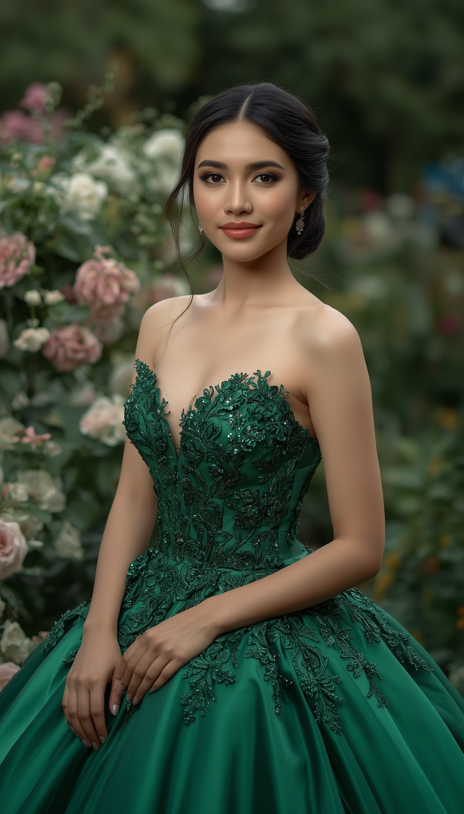 Young woman in elegant emerald green ballgown with lace bodice posing in a garden with pink roses.