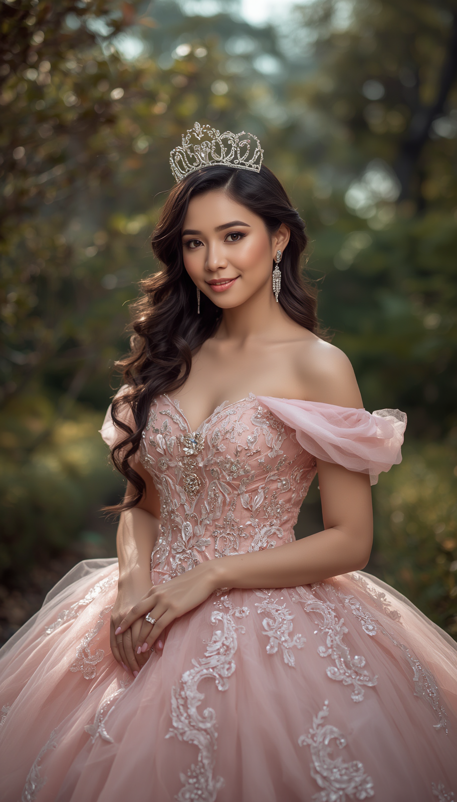 Young woman in pink off-shoulder ball gown with lace details and crystal tiara, posing outdoors for quinceañera.