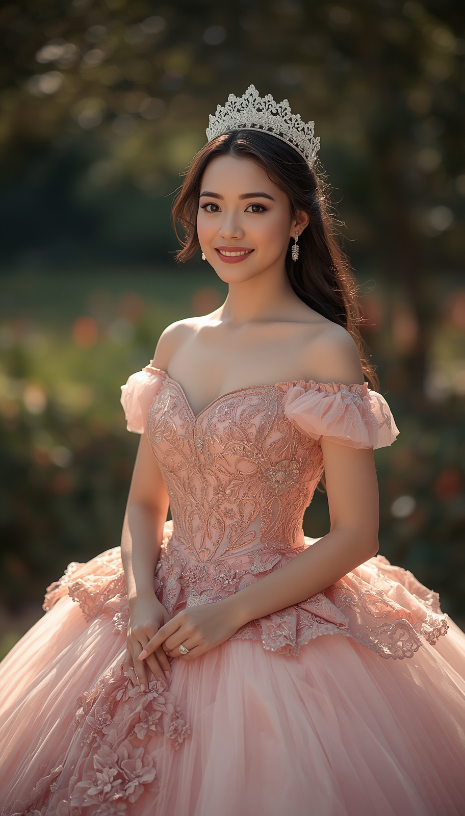 Young woman in pink off-shoulder ball gown with lace details and crystal tiara, smiling outdoors.