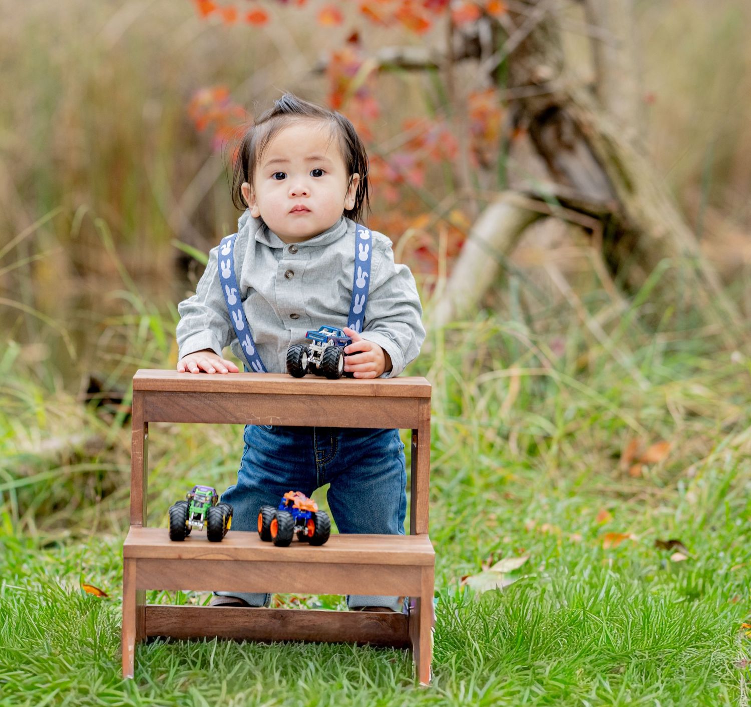 Toddler boy in suspenders stands at wooden step stool with toy monster trucks in autumn park.