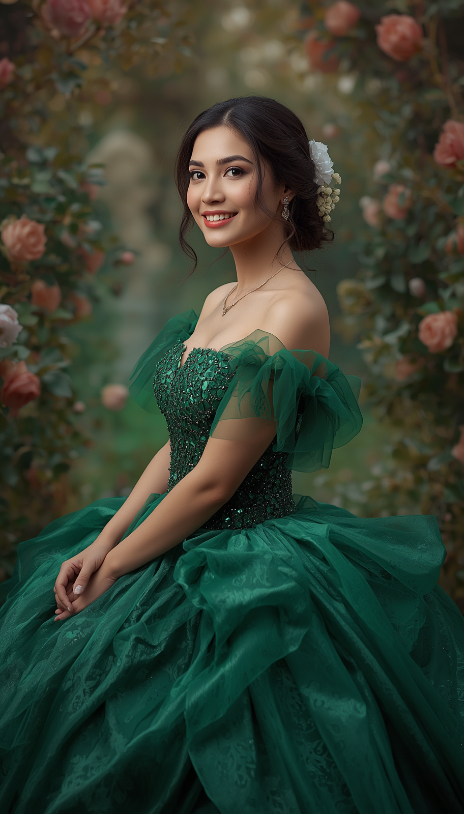 Woman in emerald green ball gown with sequin bodice smiling in a floral garden setting.