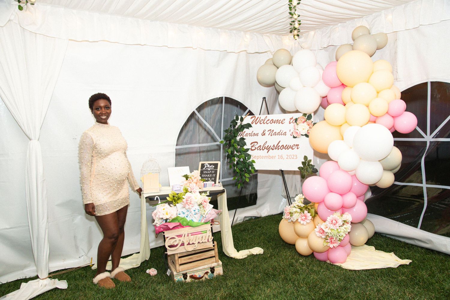Elegant white tent decorated with balloon arches and teddy bear decor for a baby shower celebration by FBM Studios in Fort Lauderdale Florid