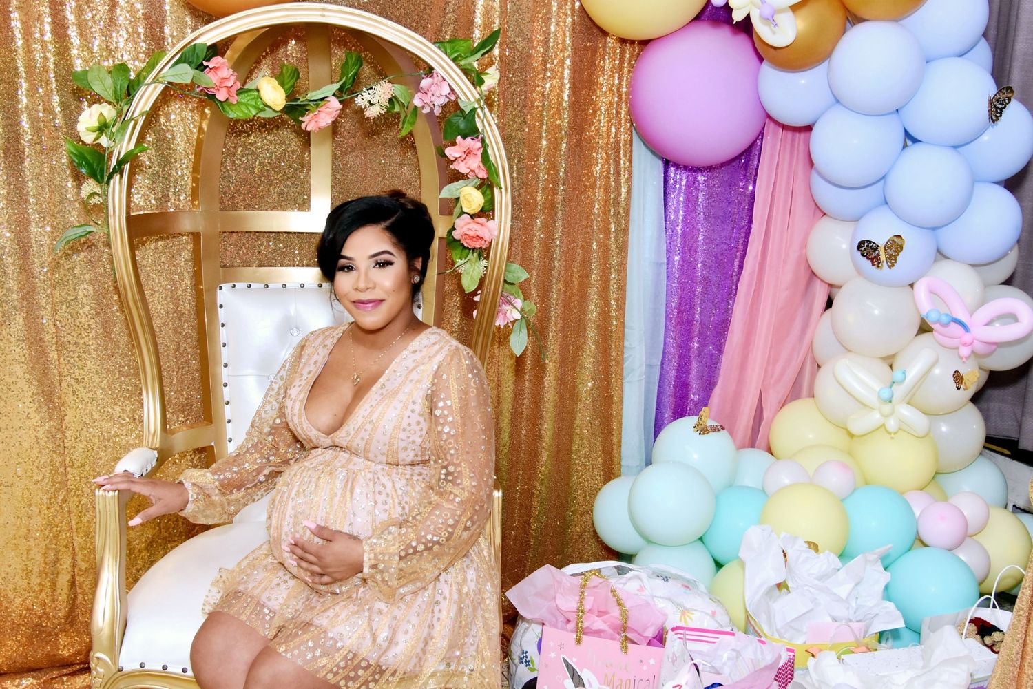 Baby shower celebration with pastel balloon arch and rose gold backdrop decorations by FBM Studios in Ft Lauderdale Fl.