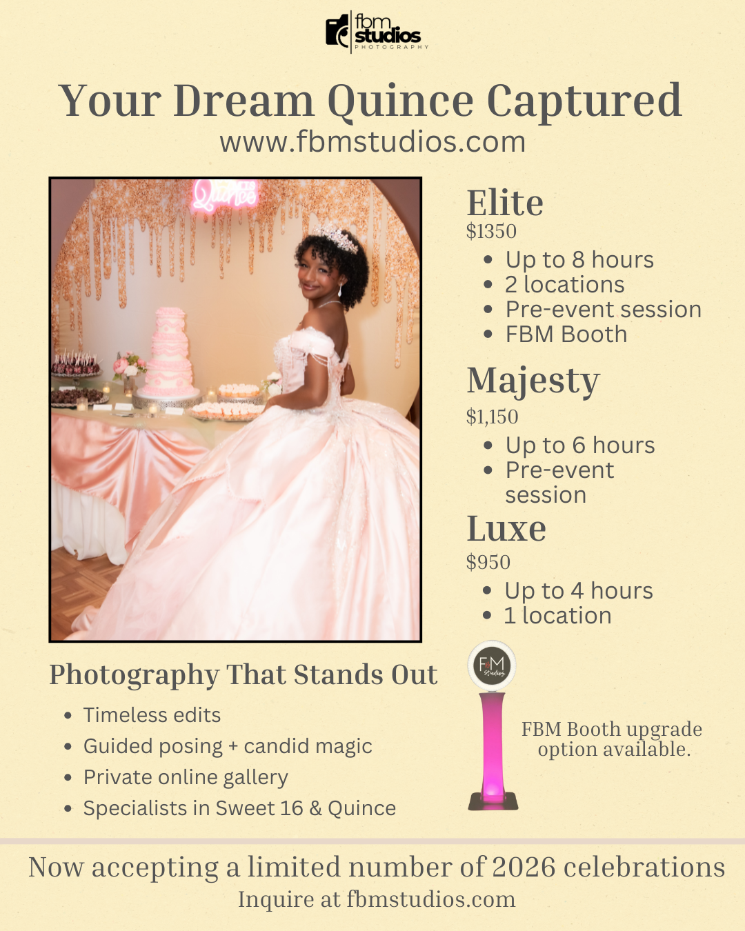 FBM Studios quinceañera photography packages flyer featuring Elite, Majesty, and Luxe tiers starting at $950.