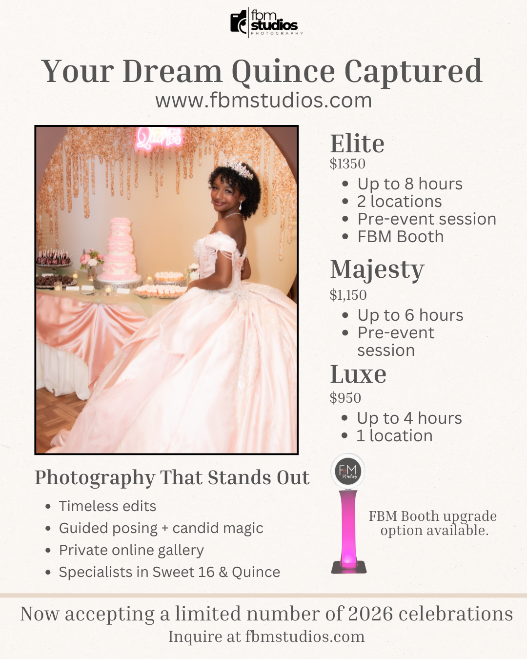 Pink and gold themed quinceanera photography service advertisement showing packages and elegant party decorations.
