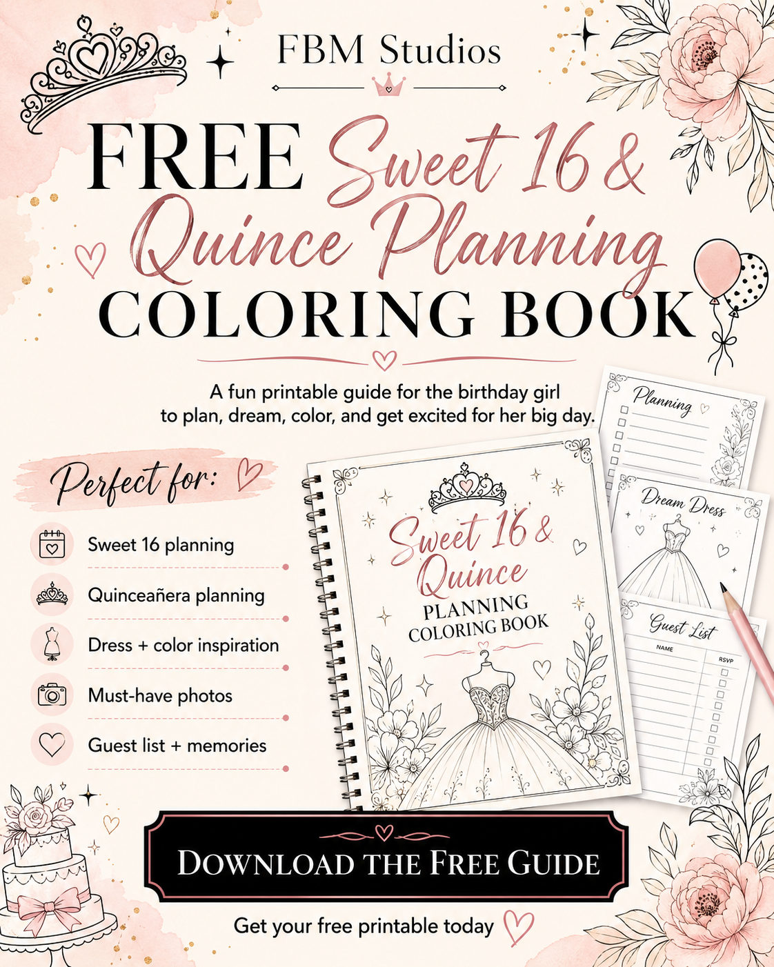 Free Sweet 16 and Quince Planning Coloring Book printable guide by FBM Studios for birthday planning.