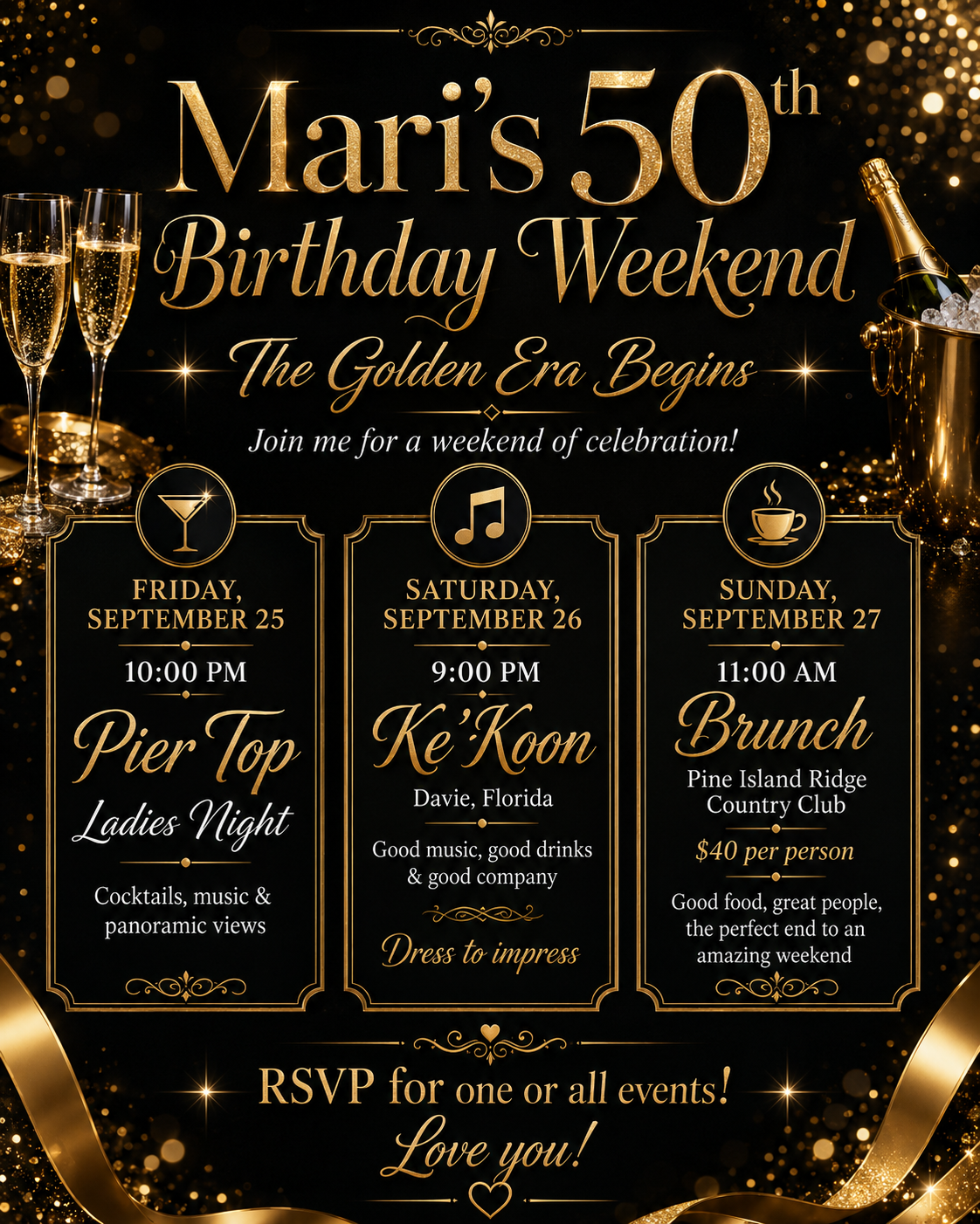 Gold and black birthday party invitation for Mari's 50th Birthday Weekend with three-day celebration schedule in Florida.
