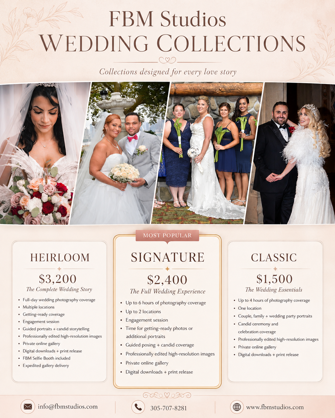 FBM Studios wedding collections pricing flyer featuring bride and groom photos with Heirloom, Signature, and Classic packages.