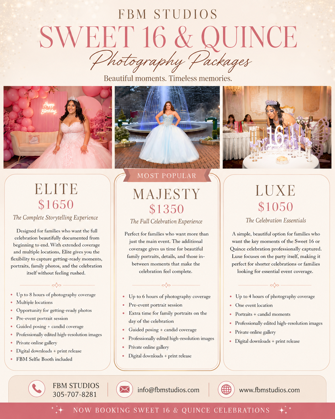 FBM Studios Sweet 16 and Quince photography packages flyer featuring Elite, Majesty, and Luxe pricing options.