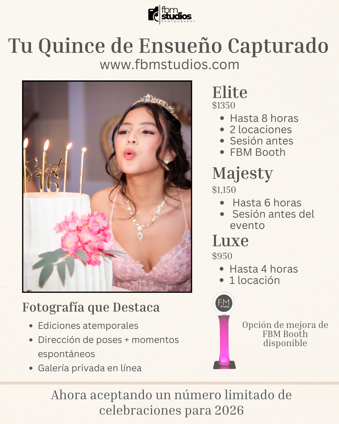 Quinceañera photography packages flyer for FBM Studios featuring Elite, Majesty, and Luxe options starting at $950.