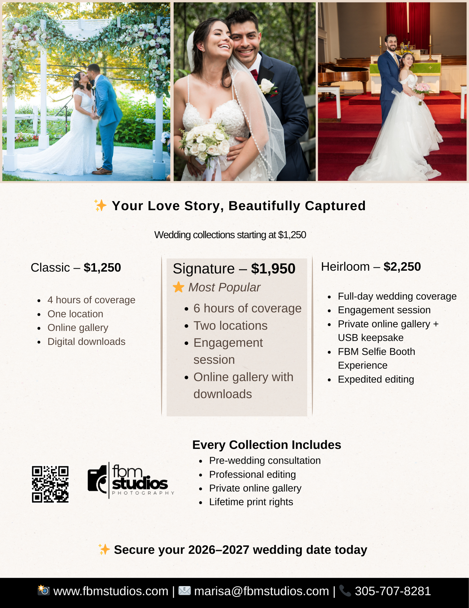Wedding photography pricing packages displayed on a banner with sample photos and collection details ranging from $1250 to $2250.