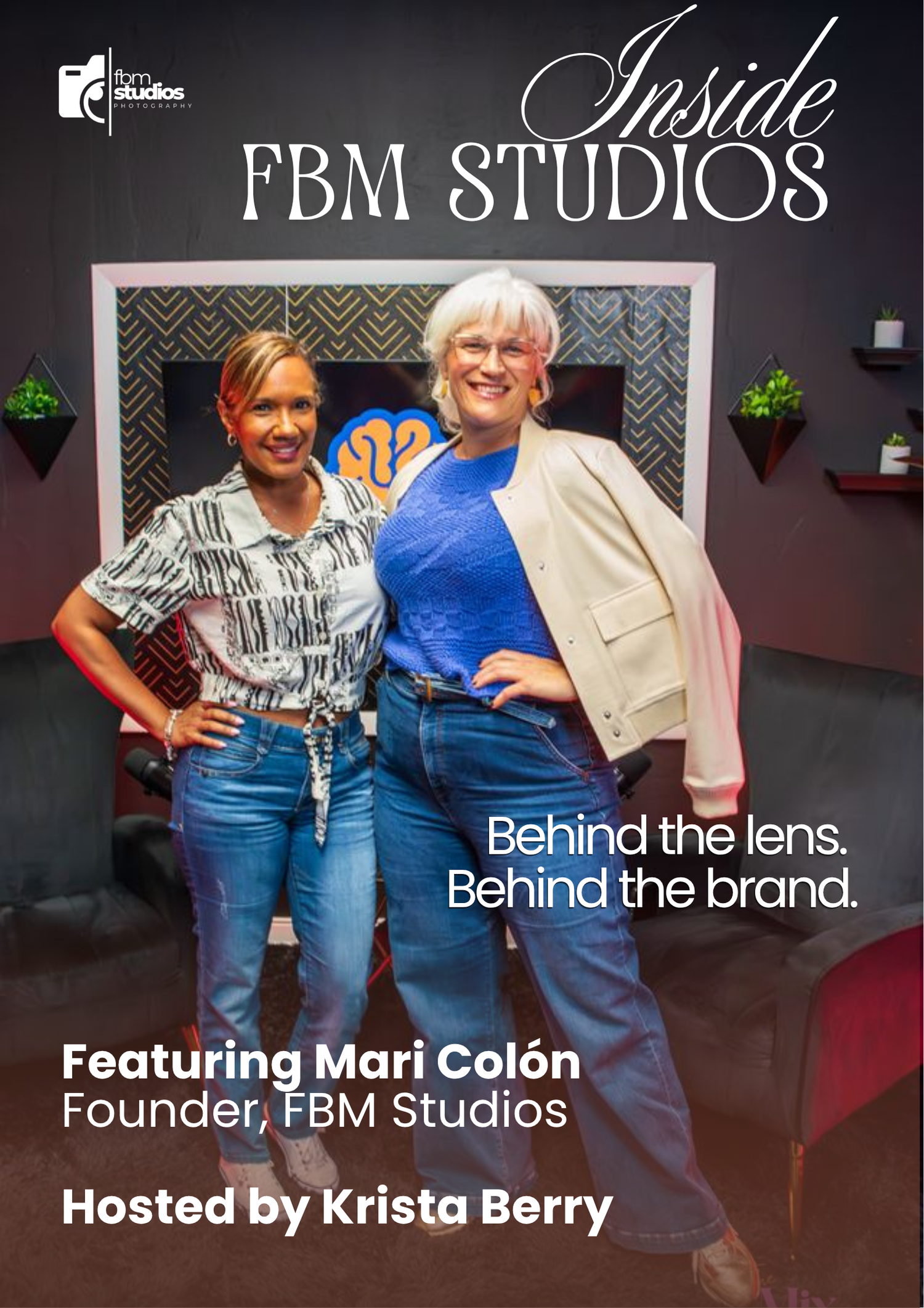 Inside FBM Studios podcast cover featuring Mari Colón and Krista Berry, two women posing in a modern studio set.
