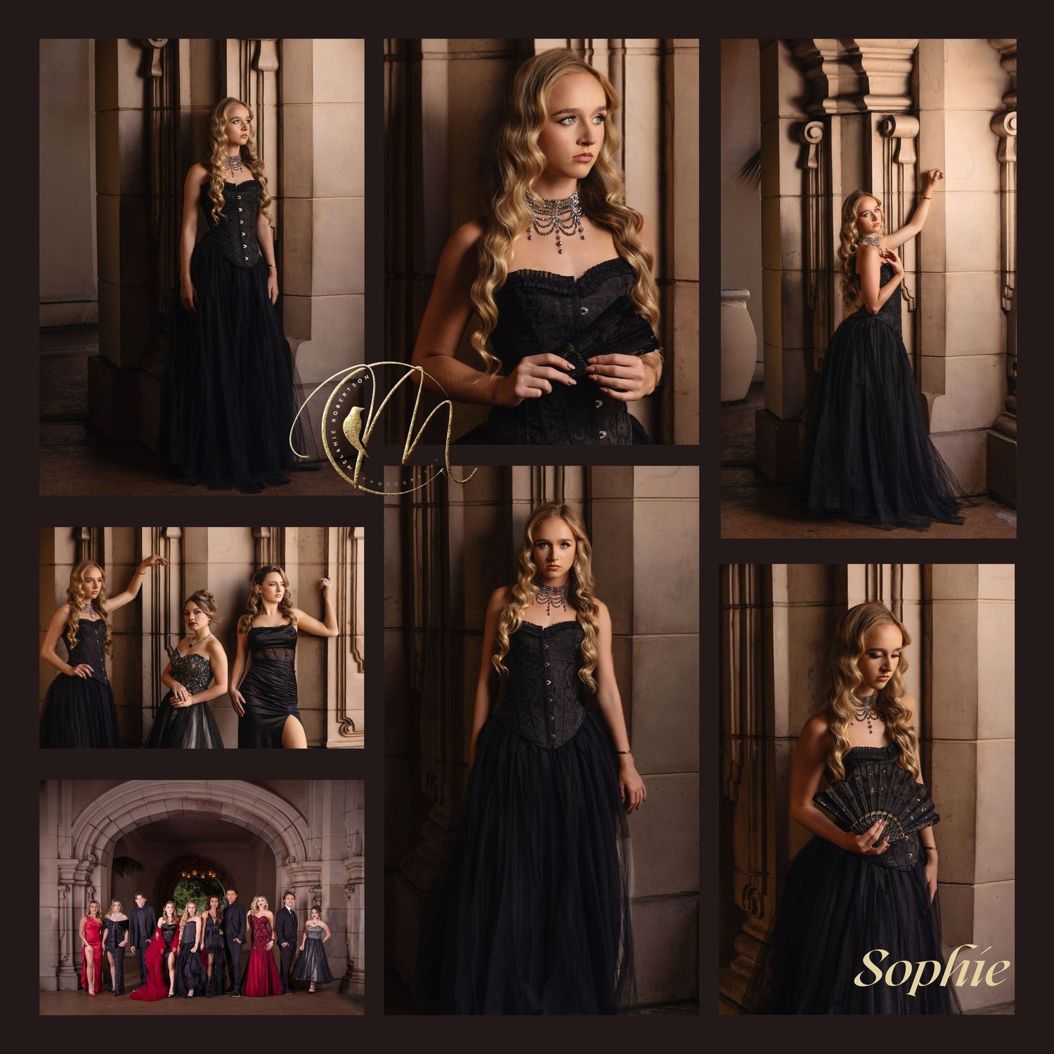 Young woman named Sophie poses in elegant black gown at ornate stone venue in a stunning formal portrait collage.