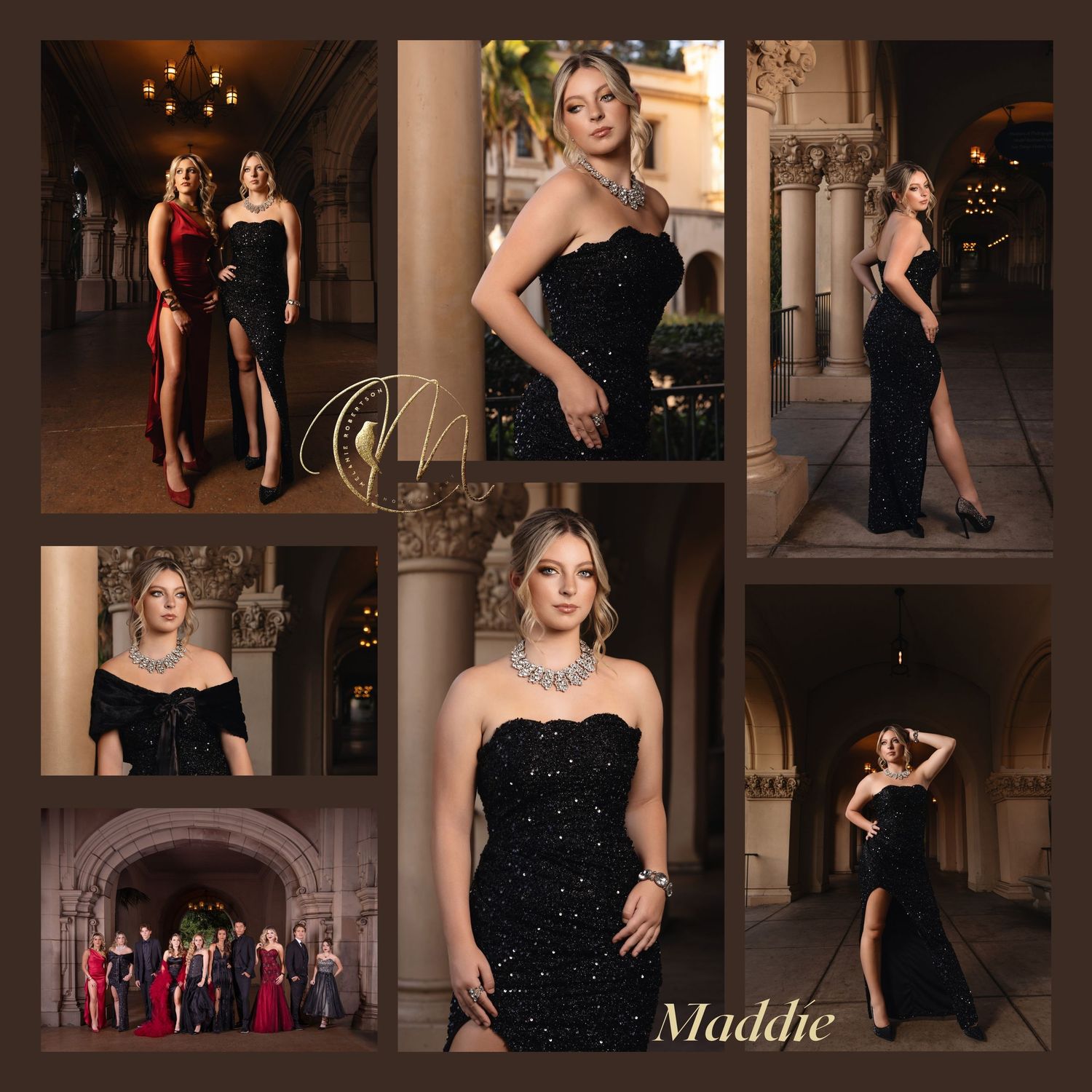 Young woman named Maddie poses in elegant black gown at formal venue in professional senior portrait photo collage.