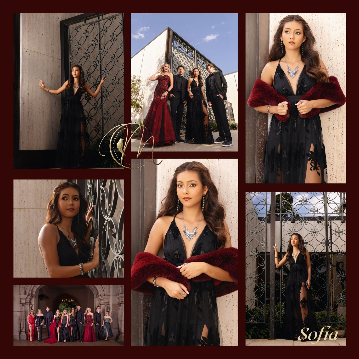Young woman named Sofia poses elegantly in black formal gown with red fur wrap in a professional photo collage.