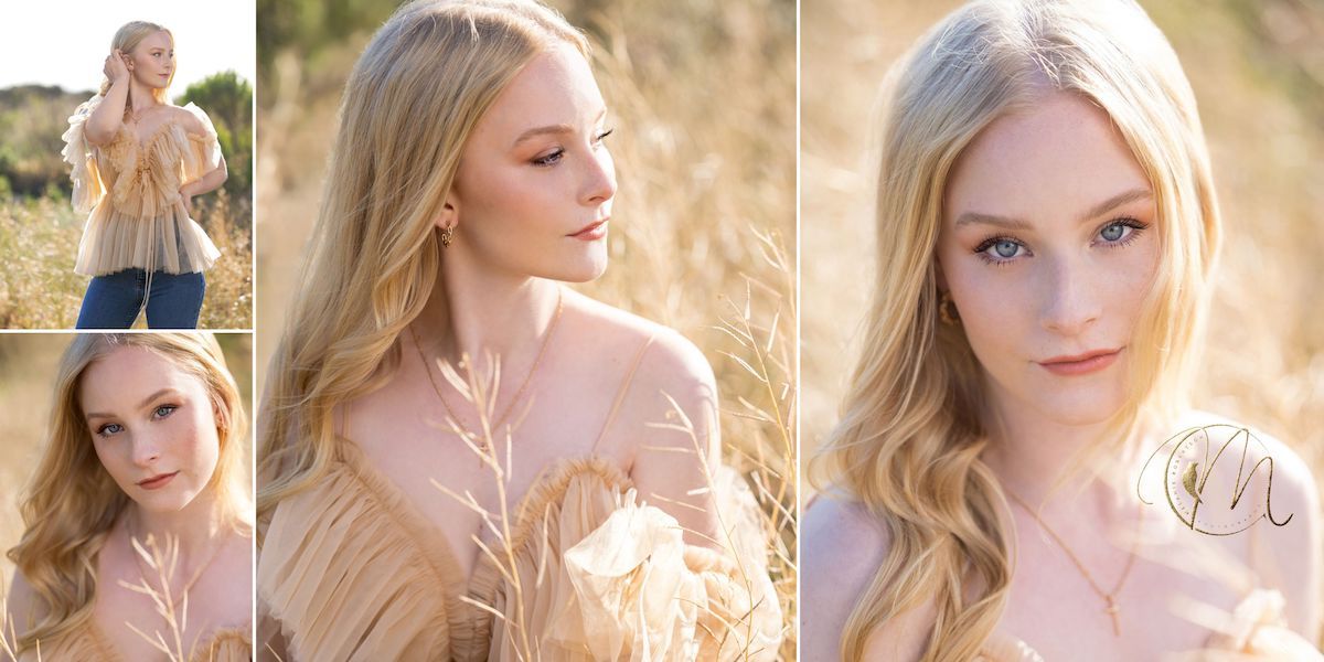 Blonde woman poses in golden wheat field wearing a flowing tan off-shoulder dress in a professional portrait collage.