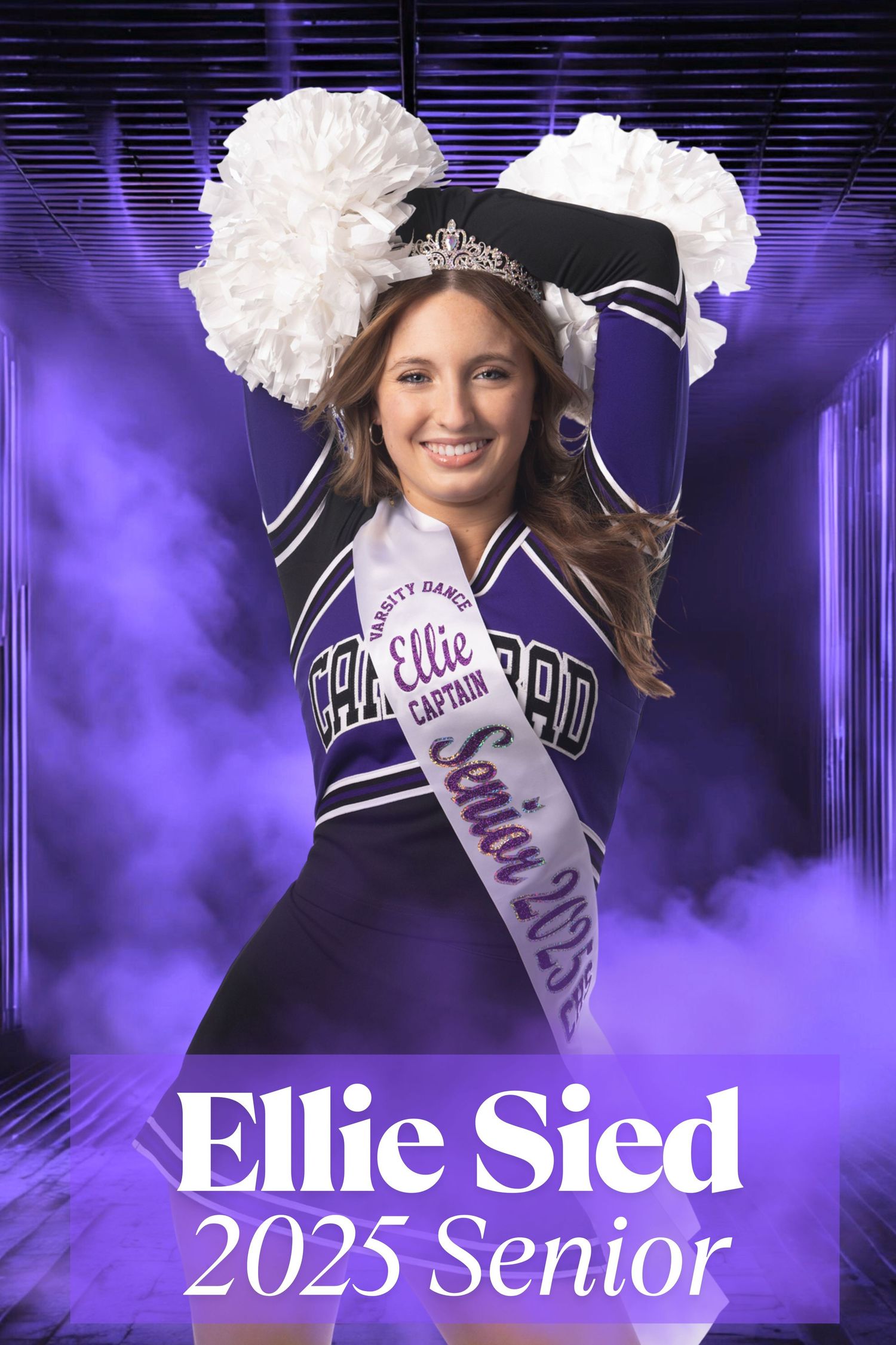 Ellie Sied, 2025 senior cheerleading captain, poses in uniform with pom-poms, tiara, and sash in purple-lit photo.