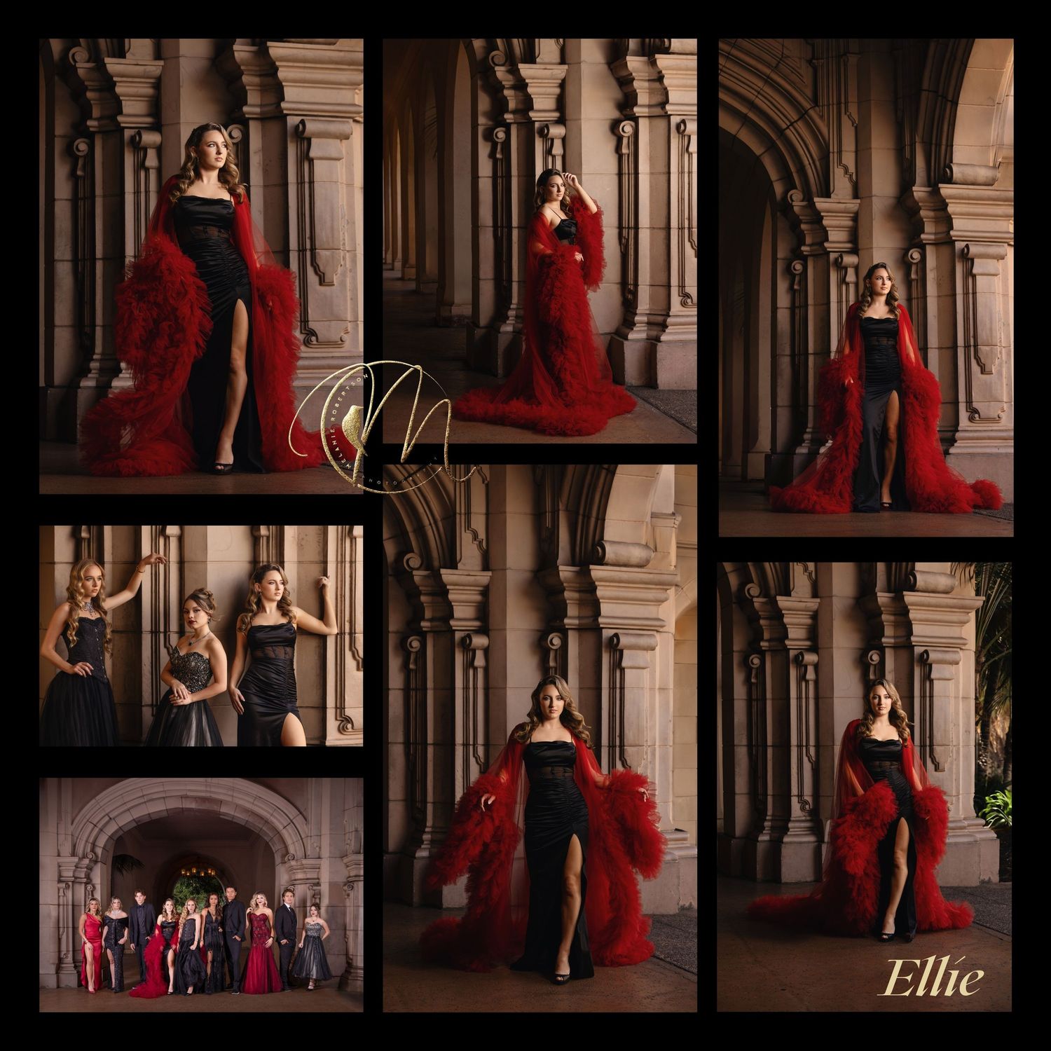 Elegant woman named Ellie poses in black gown with red tulle wrap at ornate stone columns in dramatic fashion collage.