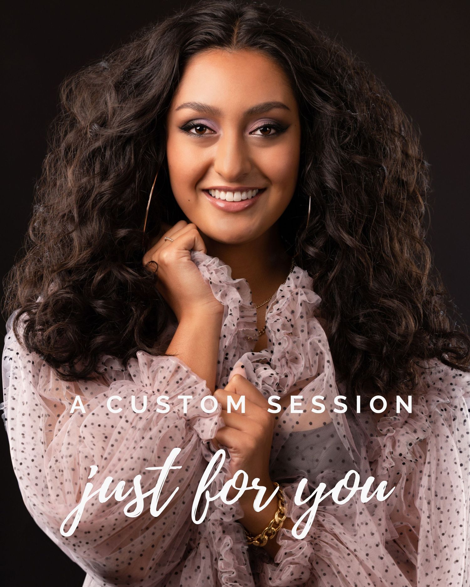 A young woman with curly hair smiles confidently in a pink blouse, promotional image for a custom photography session.