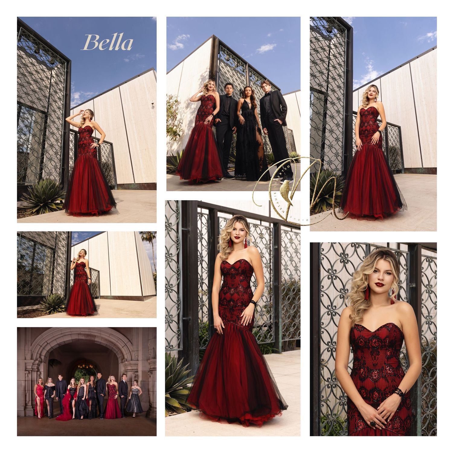 Bella collection dark red mermaid and A-line formal gowns with lace appliques modeled outdoors.
