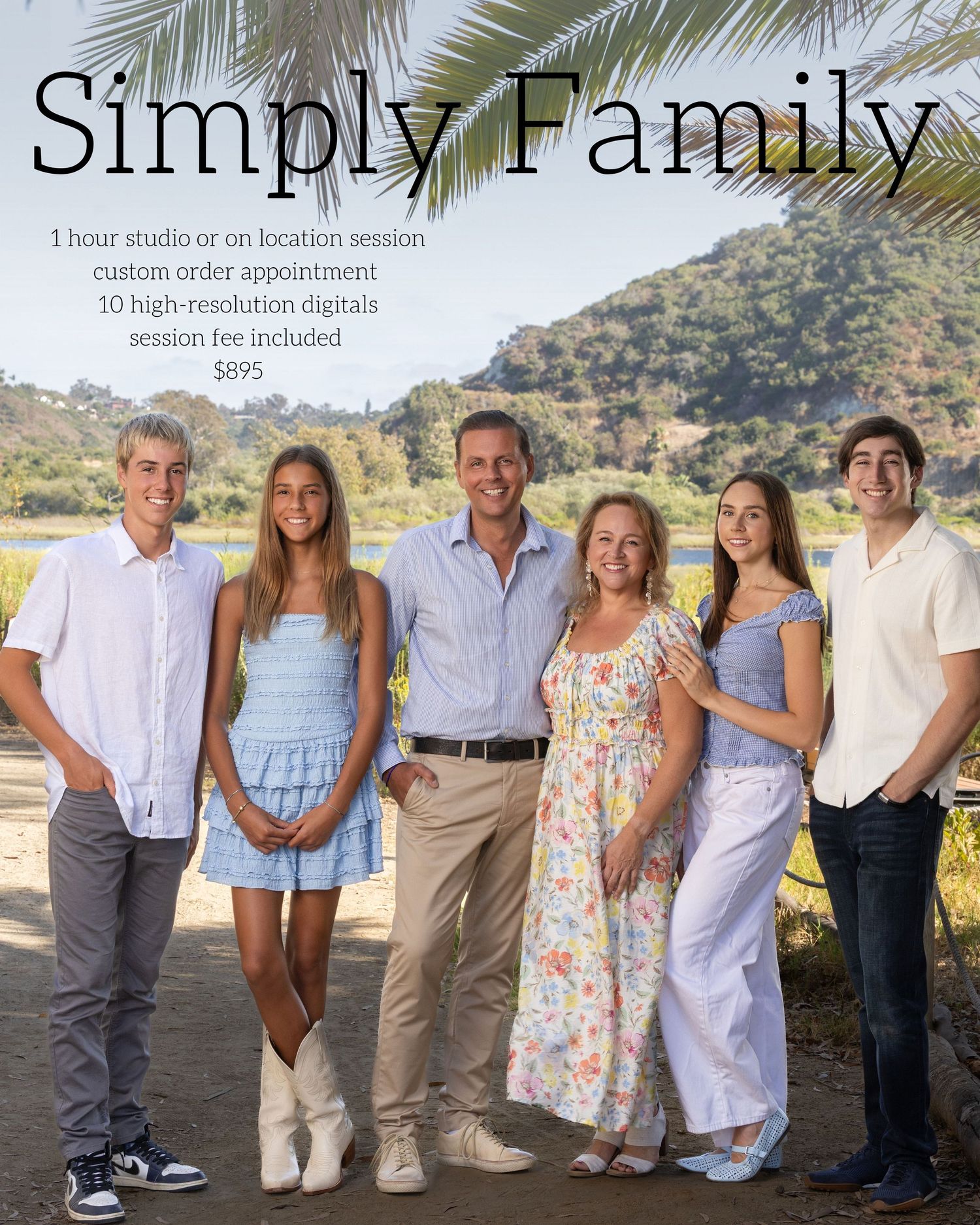 Family of six poses outdoors for Simply Family photography package, 1-hour session with 10 high-resolution digitals for $895.