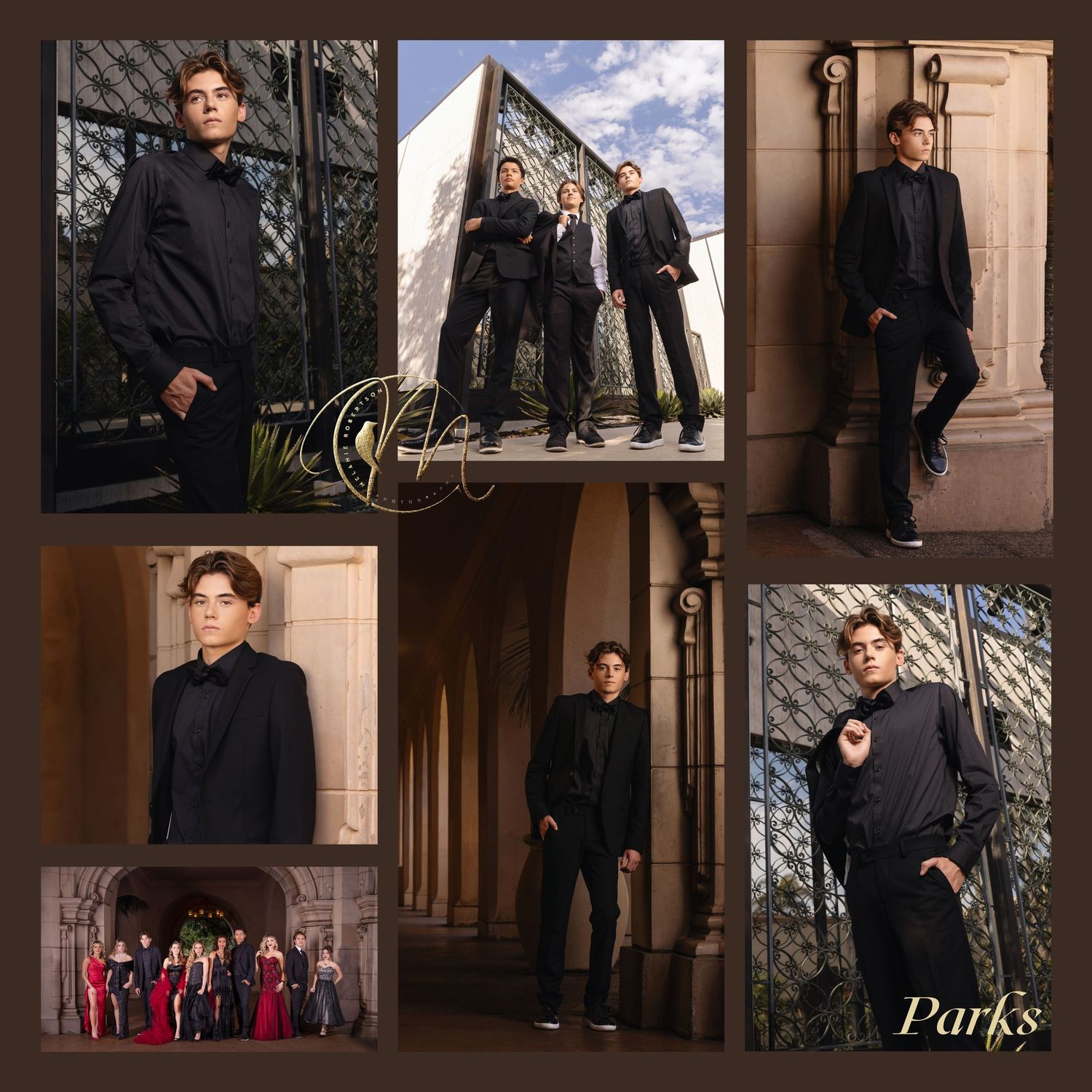 A collage of professional photos featuring young men in black suits posing elegantly at an upscale outdoor venue.