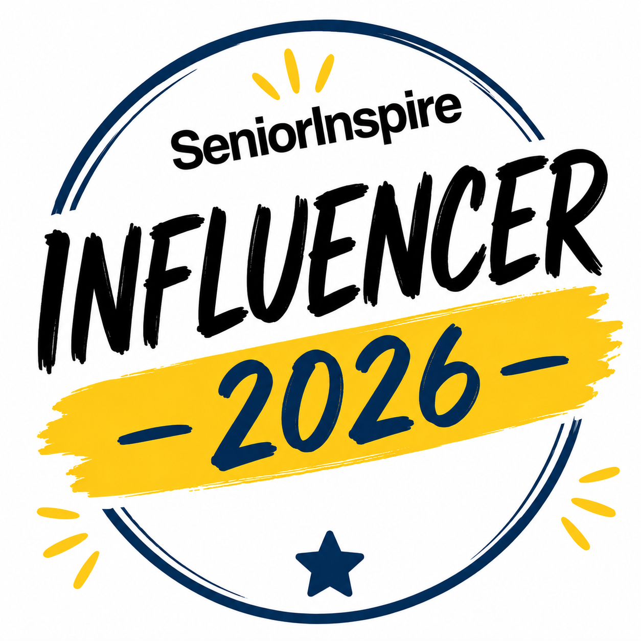 SeniorInspire Influencer 2026 badge logo with bold black text, yellow banner, and star accent.