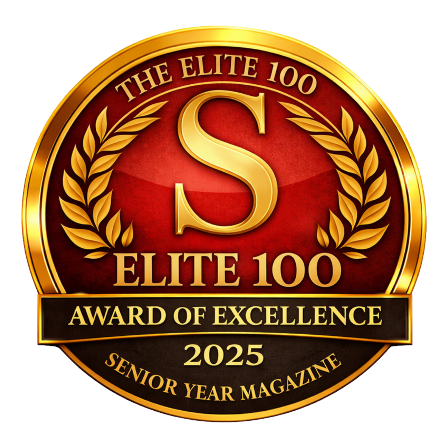 The Elite 100 Award of Excellence 2025 gold medallion badge from Senior Year Magazine.