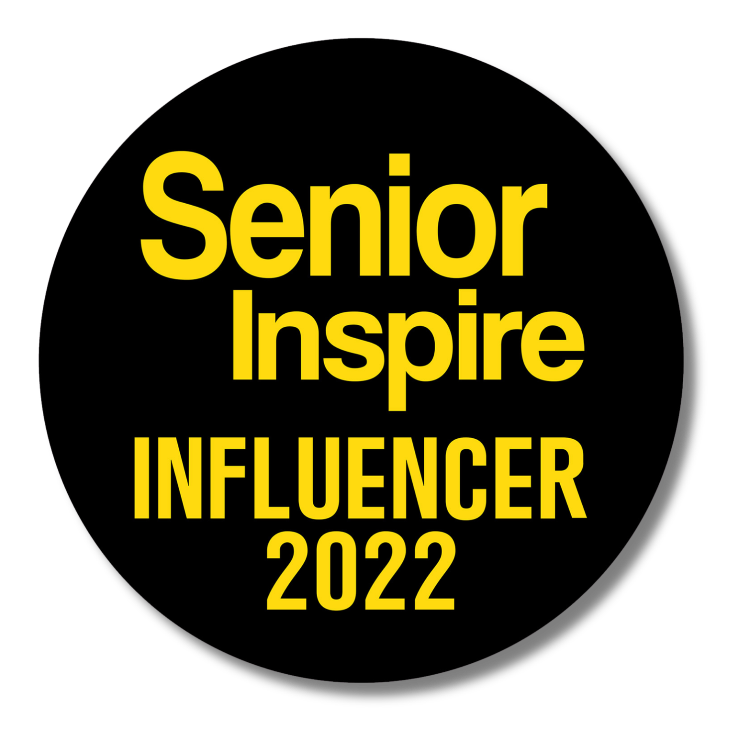 Black and gold Senior Inspire Influencer 2022 circular badge award.