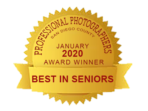 Professional Photographers of San Diego County January 2020 Award Winner Best in Seniors gold badge.