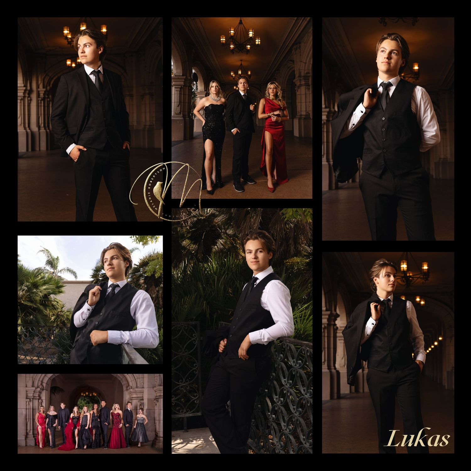 Young man named Lukas in formal black vest poses in elegant collage of professional photos at upscale venue.