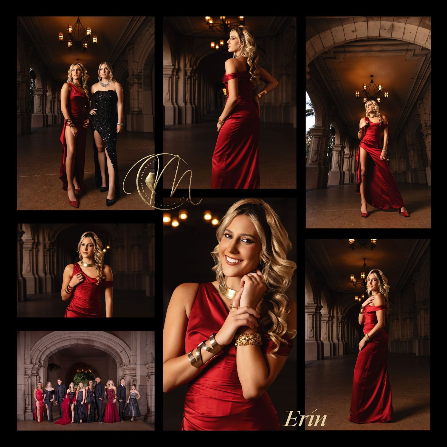 Woman named Erin poses elegantly in a red gown in a collage of professional portraits taken in a grand architectural setting.